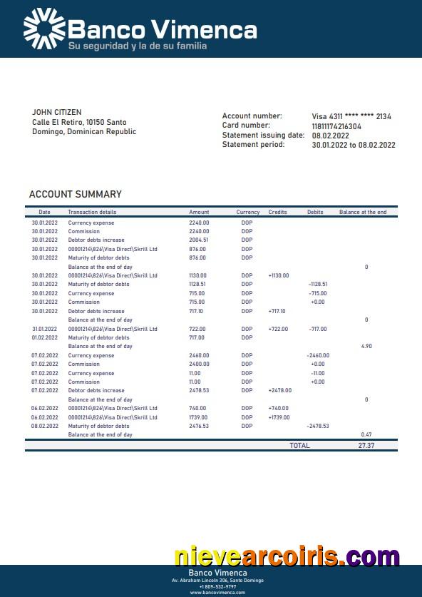 Dominican Republic Banco Vimenca bank statement, Word and PDF format